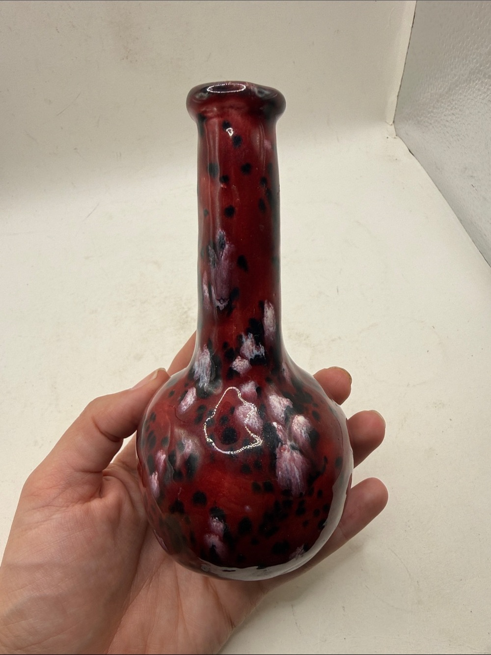 Vintage Art Pottery Bud Vase Red Oxblood Flambe Glaze Black Mottled Decor MCM
